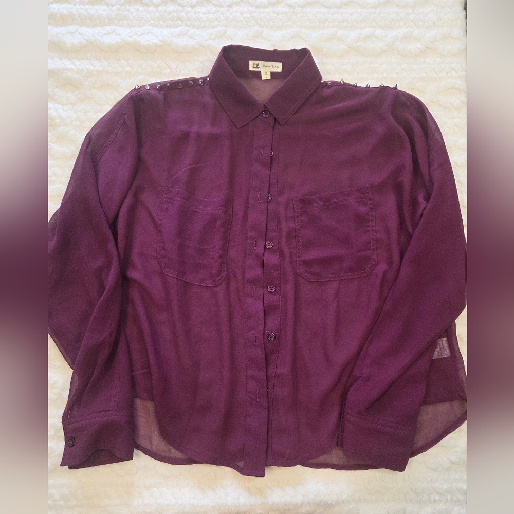 Cotton Candy Plum Sheer Button Down Blouse w/ Studded Shoulders | Size S